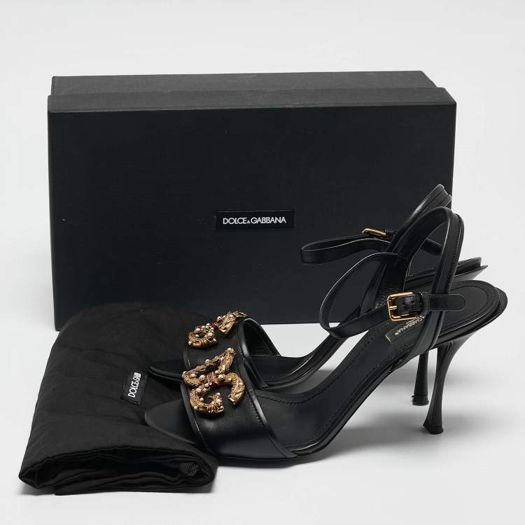 Pre Owned Dolce & Gabbana Black Leather DG Amore Ankle Strap Sandals Size 39.5