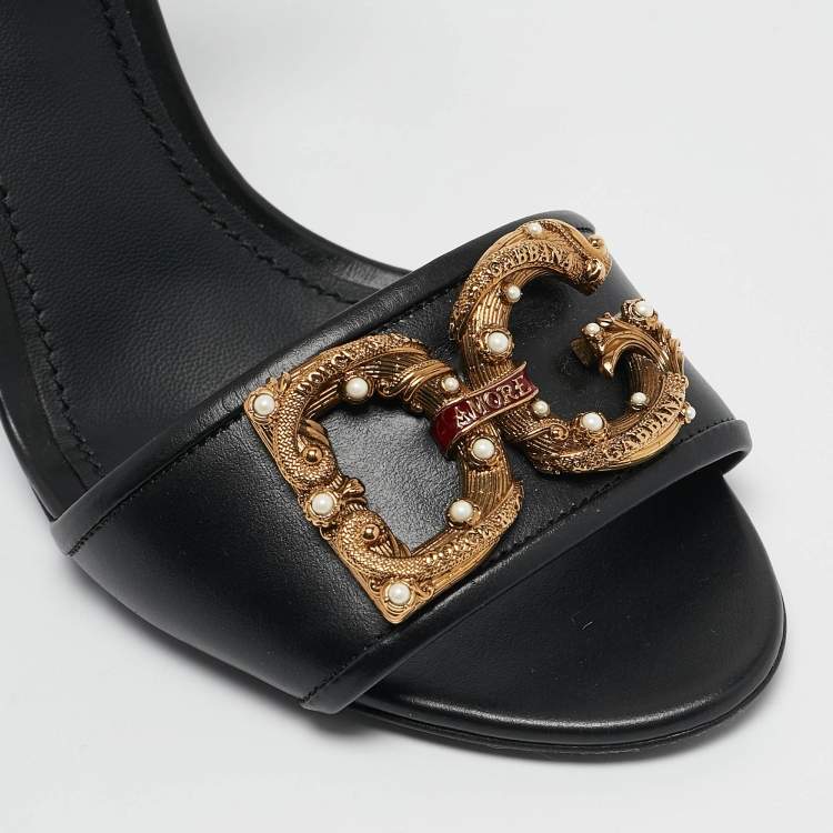 Pre Owned Dolce & Gabbana Black Leather DG Amore Ankle Strap Sandals Size 39.5