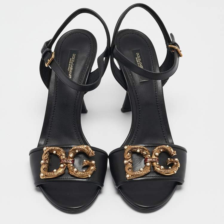 Pre Owned Dolce & Gabbana Black Leather DG Amore Ankle Strap Sandals Size 39.5