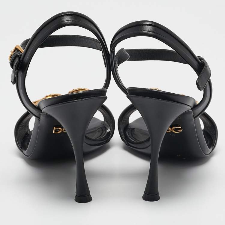 Pre Owned Dolce & Gabbana Black Leather DG Amore Ankle Strap Sandals Size 39.5