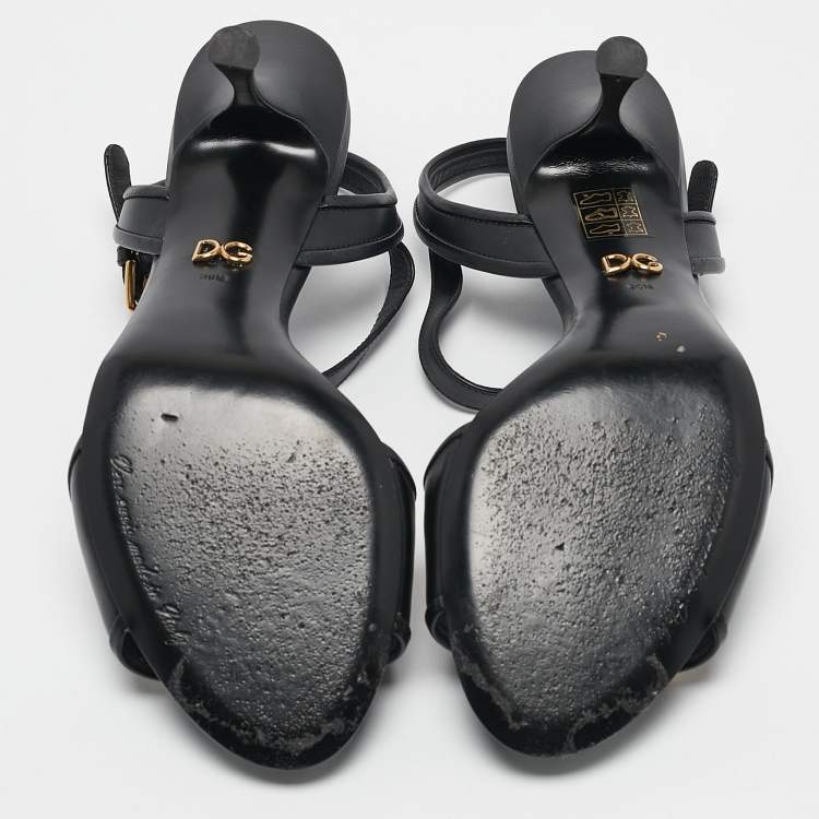 Pre Owned Dolce & Gabbana Black Leather DG Amore Ankle Strap Sandals Size 39.5