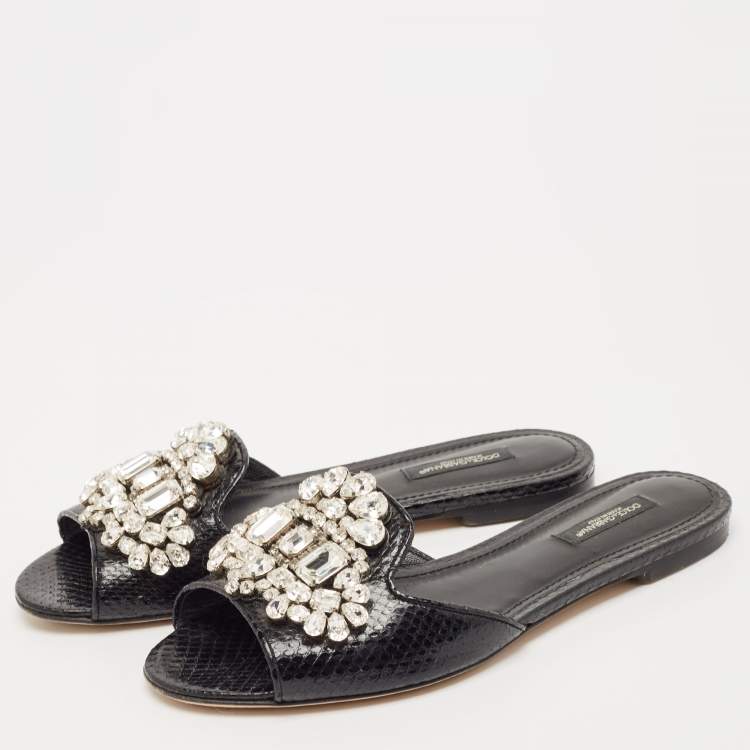 Pre Owned Dolce & Gabbana Black Snakeskin Bianca Crystals Slide Flats Size 37.5