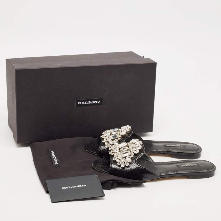 Pre Owned Dolce & Gabbana Black Snakeskin Bianca Crystals Slide Flats Size 37.5