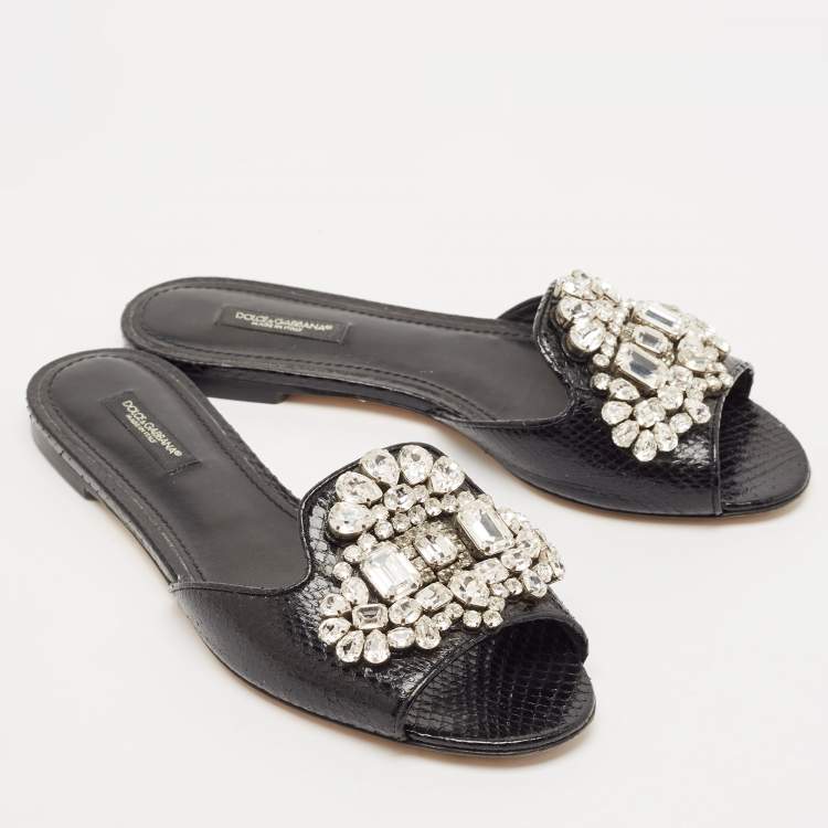 Pre Owned Dolce & Gabbana Black Snakeskin Bianca Crystals Slide Flats Size 37.5
