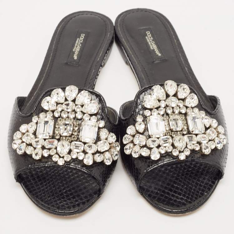 Pre Owned Dolce & Gabbana Black Snakeskin Bianca Crystals Slide Flats Size 37.5