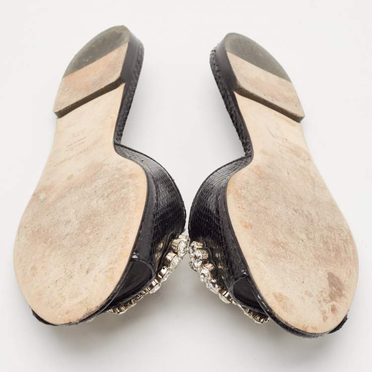 Pre Owned Dolce & Gabbana Black Snakeskin Bianca Crystals Slide Flats Size 37.5