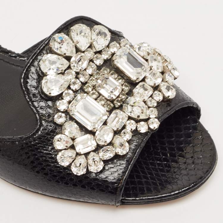 Pre Owned Dolce & Gabbana Black Snakeskin Bianca Crystals Slide Flats Size 37.5