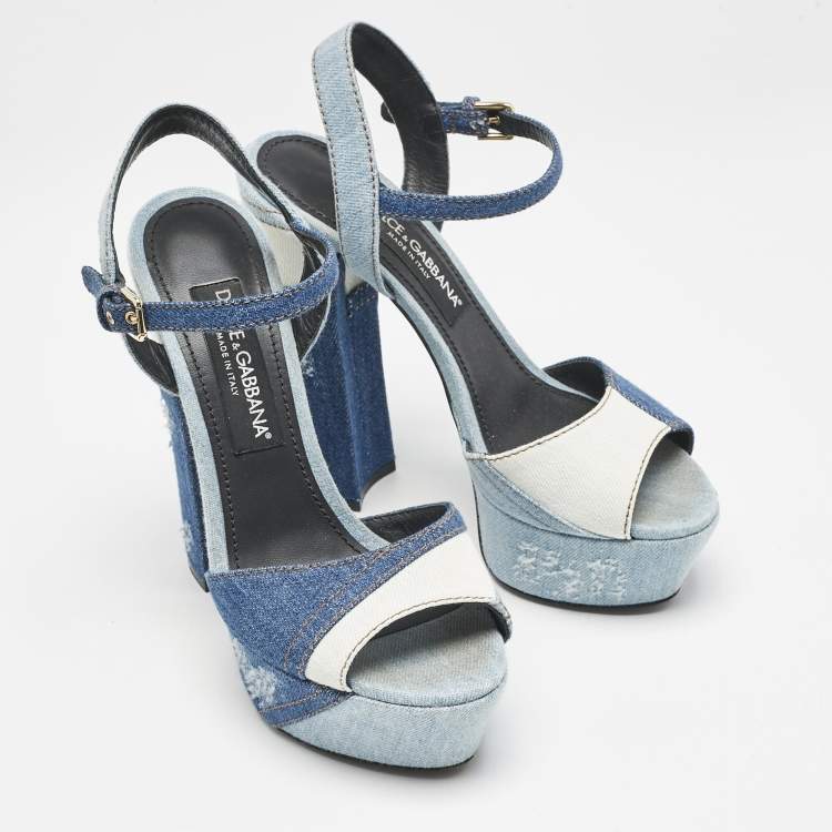 Pre Owned Dolce & Gabbana Blue Denim Keira Platform Ankle Wrap Sandals Size 39.5