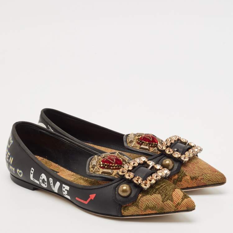 Pre Owned Dolce & Gabbana Black Leather Crystal Embellished Ballet Flat Size 37