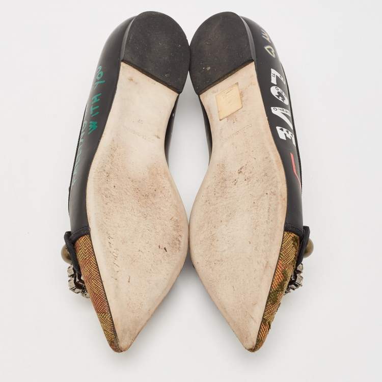 Pre Owned Dolce & Gabbana Black Leather Crystal Embellished Ballet Flat Size 37