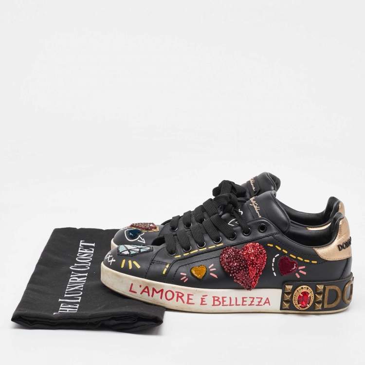 Pre Owned Dolce & Gabbana Black Leather Portofino Embellished Low Top Sneakers Size 38