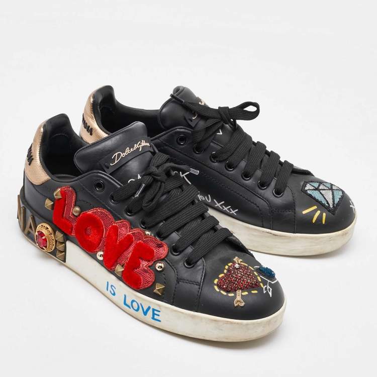 Pre Owned Dolce & Gabbana Black Leather Portofino Embellished Low Top Sneakers Size 38