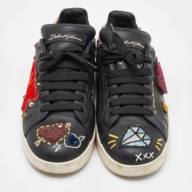 Pre Owned Dolce & Gabbana Black Leather Portofino Embellished Low Top Sneakers Size 38