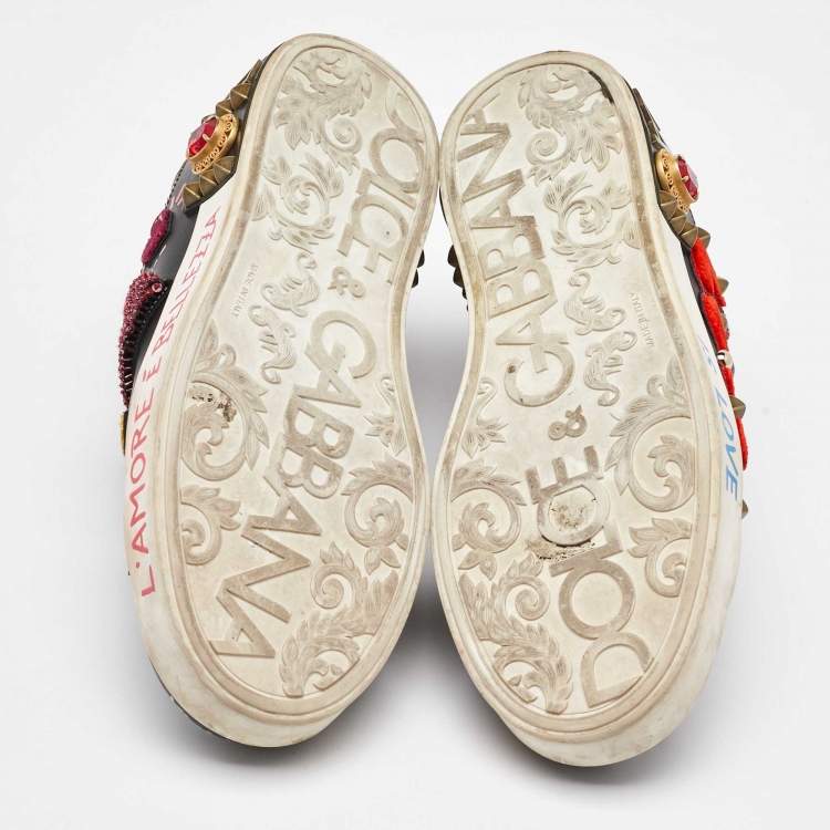 Pre Owned Dolce & Gabbana Black Leather Portofino Embellished Low Top Sneakers Size 38