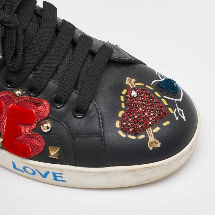 Pre Owned Dolce & Gabbana Black Leather Portofino Embellished Low Top Sneakers Size 38