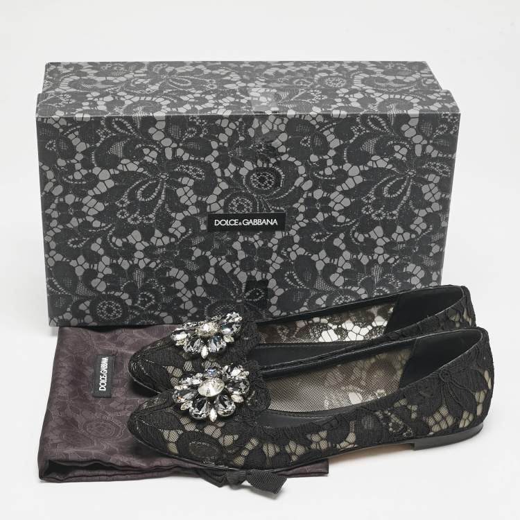 Pre Owned Dolce & Gabbana Black Lace Taormina Crystals Ballet Flats Size 37.5