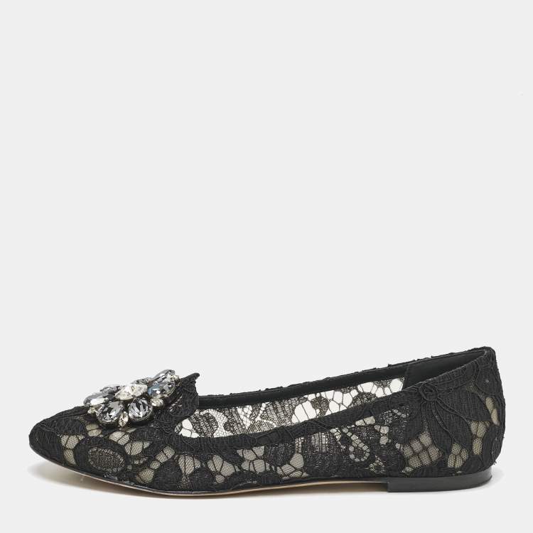 Pre Owned Dolce & Gabbana Black Lace Taormina Crystals Ballet Flats Size 37.5
