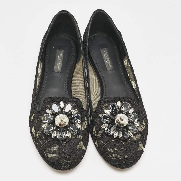 Pre Owned Dolce & Gabbana Black Lace Taormina Crystals Ballet Flats Size 37.5