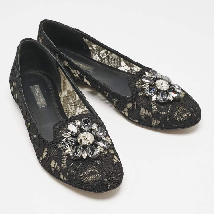 Pre Owned Dolce & Gabbana Black Lace Taormina Crystals Ballet Flats Size 37.5