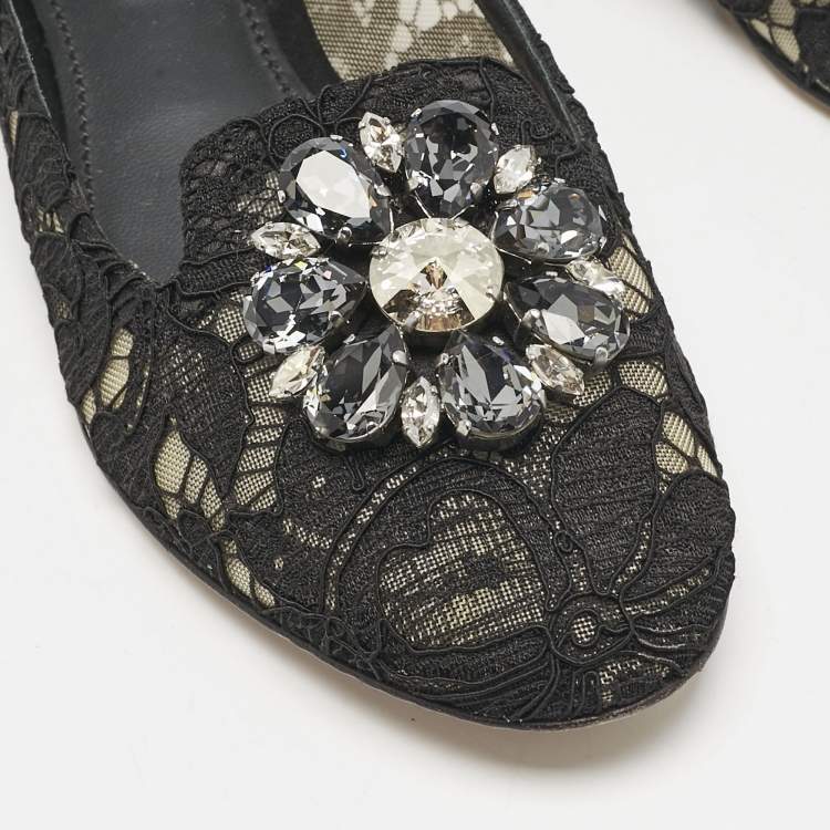 Pre Owned Dolce & Gabbana Black Lace Taormina Crystals Ballet Flats Size 37.5
