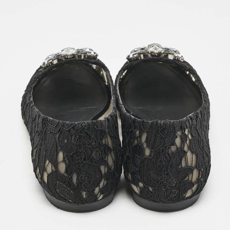 Pre Owned Dolce & Gabbana Black Lace Taormina Crystals Ballet Flats Size 37.5