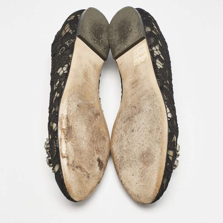 Pre Owned Dolce & Gabbana Black Lace Taormina Crystals Ballet Flats Size 37.5