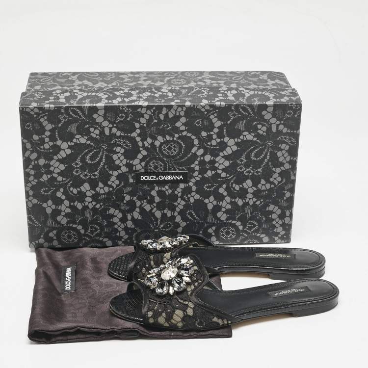 Pre Owned Dolce & Gabbana Black Lace Sofia Crystals Slide Flats Size 37