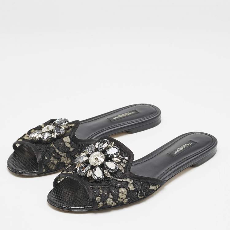 Pre Owned Dolce & Gabbana Black Lace Sofia Crystals Slide Flats Size 37
