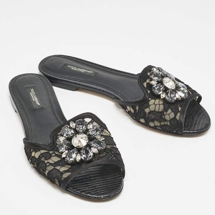 Pre Owned Dolce & Gabbana Black Lace Sofia Crystals Slide Flats Size 37