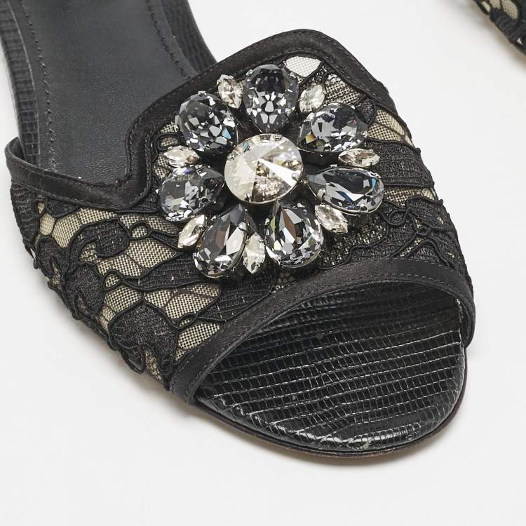 Pre Owned Dolce & Gabbana Black Lace Sofia Crystals Slide Flats Size 37