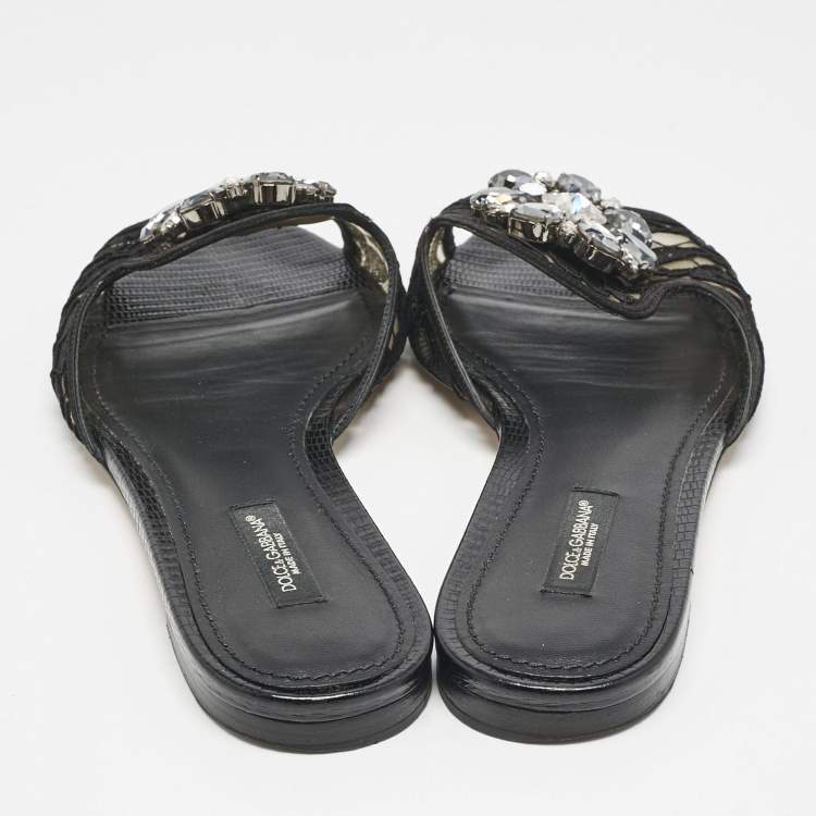 Pre Owned Dolce & Gabbana Black Lace Sofia Crystals Slide Flats Size 37