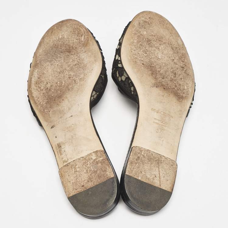 Pre Owned Dolce & Gabbana Black Lace Sofia Crystals Slide Flats Size 37