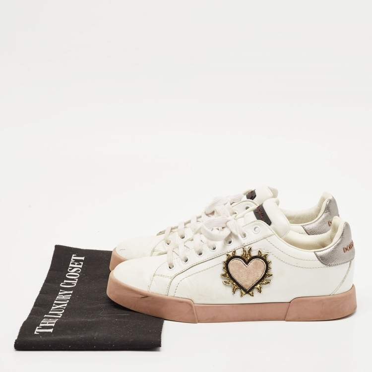 Pre Owned Dolce & Gabbana White Leather Love Applique Portofino Low Top Sneakers Size 40