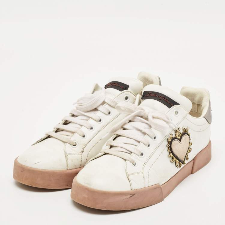 Pre Owned Dolce & Gabbana White Leather Love Applique Portofino Low Top Sneakers Size 40