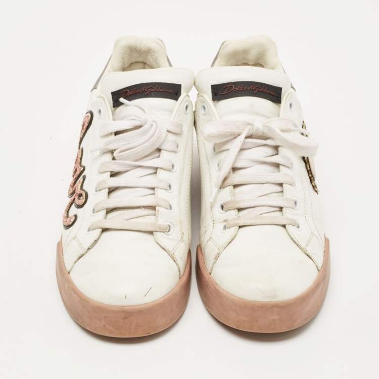 Pre Owned Dolce & Gabbana White Leather Love Applique Portofino Low Top Sneakers Size 40