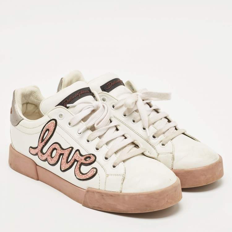 Pre Owned Dolce & Gabbana White Leather Love Applique Portofino Low Top Sneakers Size 40