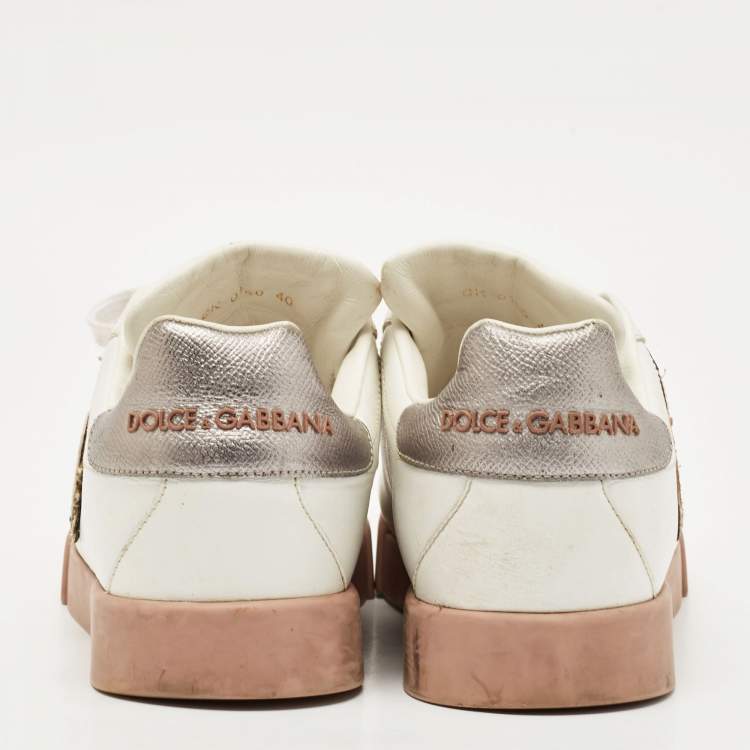 Pre Owned Dolce & Gabbana White Leather Love Applique Portofino Low Top Sneakers Size 40