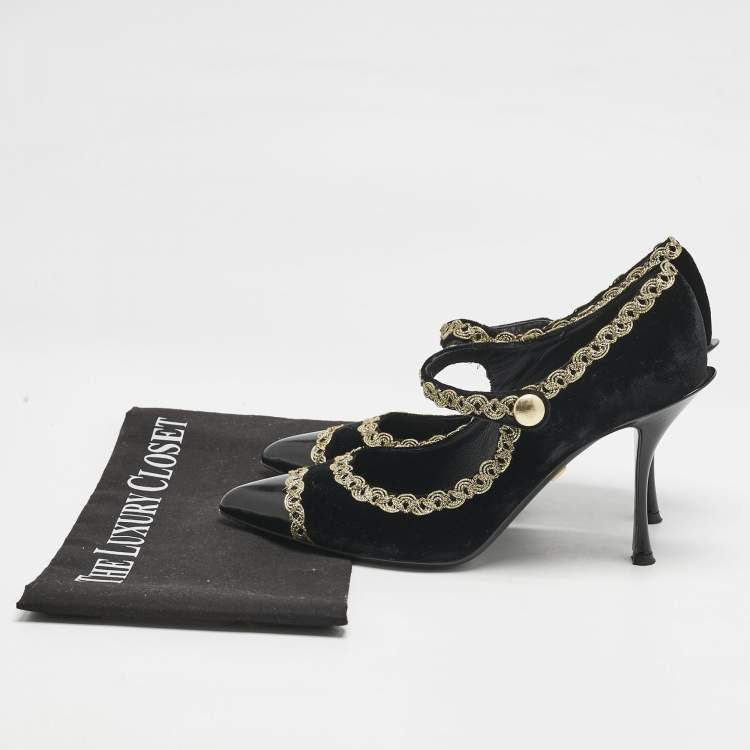 Pre Owned Dolce & Gabbana Black/Gold Velvet and Leather Mary Jane Pumps Size 39