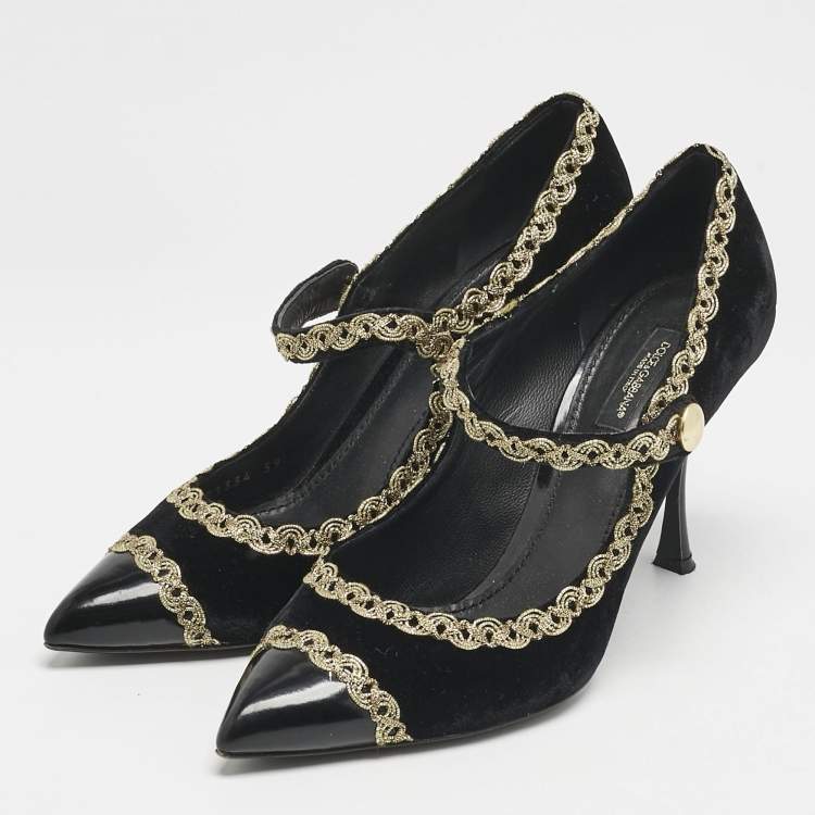 Pre Owned Dolce & Gabbana Black/Gold Velvet and Leather Mary Jane Pumps Size 39