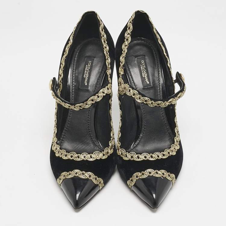 Pre Owned Dolce & Gabbana Black/Gold Velvet and Leather Mary Jane Pumps Size 39