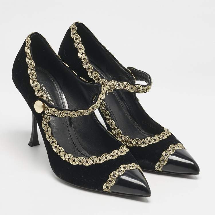Pre Owned Dolce & Gabbana Black/Gold Velvet and Leather Mary Jane Pumps Size 39