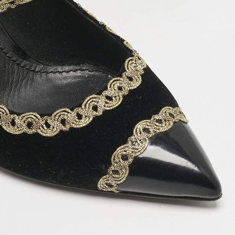 Pre Owned Dolce & Gabbana Black/Gold Velvet and Leather Mary Jane Pumps Size 39