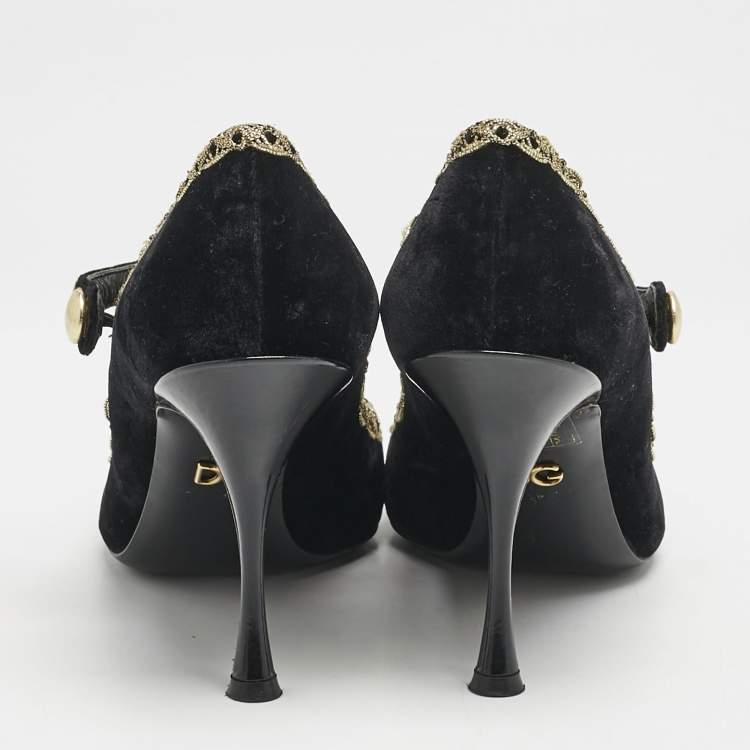 Pre Owned Dolce & Gabbana Black/Gold Velvet and Leather Mary Jane Pumps Size 39
