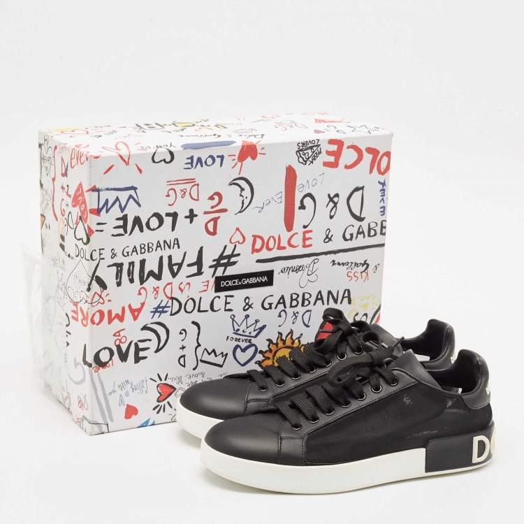Pre Owned Dolce & Gabbana Black Leather and Mesh Portofino Low Top Sneakers Size 40