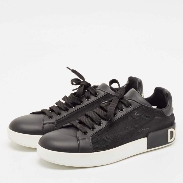 Pre Owned Dolce & Gabbana Black Leather and Mesh Portofino Low Top Sneakers Size 40