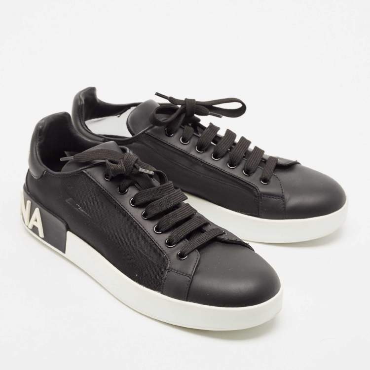 Pre Owned Dolce & Gabbana Black Leather and Mesh Portofino Low Top Sneakers Size 40