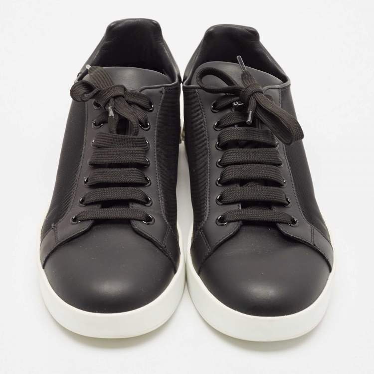 Pre Owned Dolce & Gabbana Black Leather and Mesh Portofino Low Top Sneakers Size 40