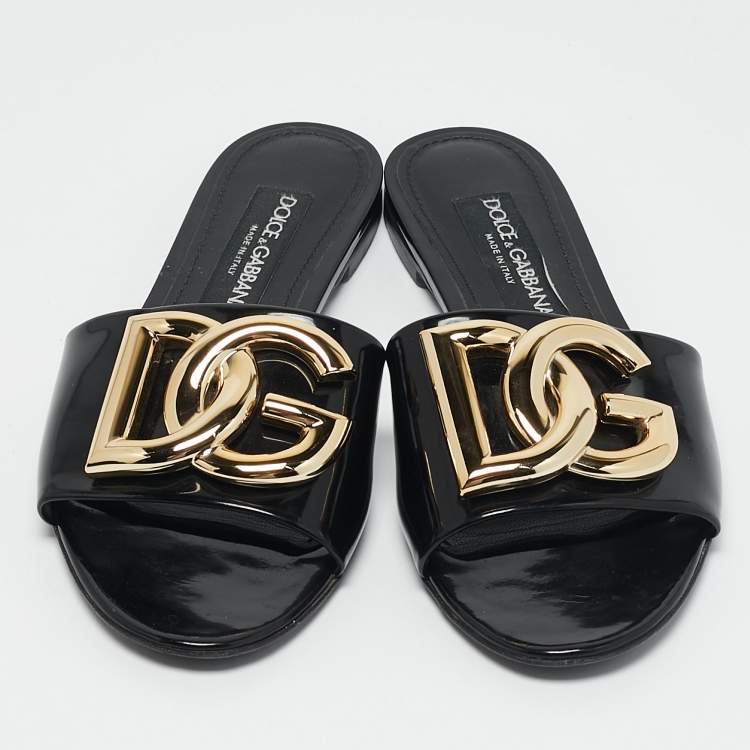 Pre Owned Dolce & Gabbana Black Patent Leather Ciabatta Flat Slide Sandals Size 38.5
