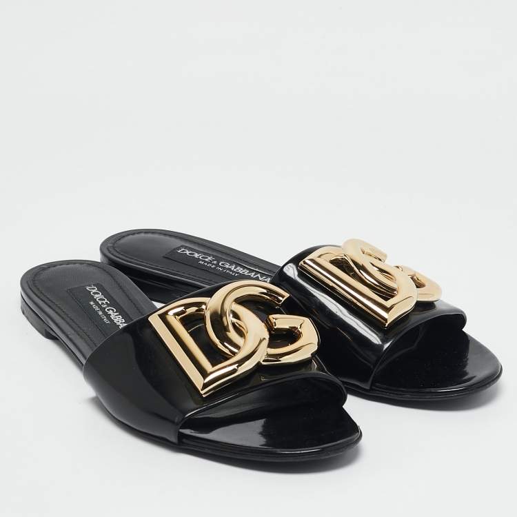 Pre Owned Dolce & Gabbana Black Patent Leather Ciabatta Flat Slide Sandals Size 38.5