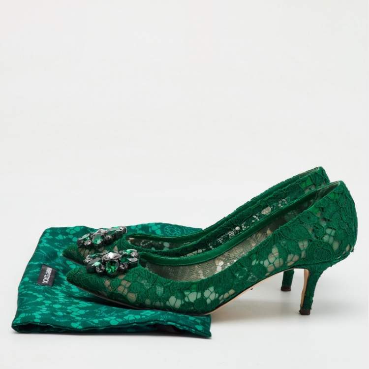Pre Owned Dolce & Gabbana Green Lace Bellucci Crystal Embellishment Pumps Size 39